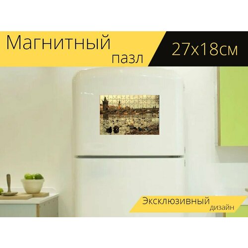 Магнитный пазл Прага, река, птицы на холодильник 27 x 18 см.