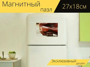 Магнитный пазл "Ковбойские сапоги, кожа, е" на холодильник 27 x 18 см.