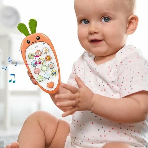 Телефон развивающий музыкальный детский Зайчик со светом, звуком и песенками на русском языке, развивающая игрушка для малышей оранжевый