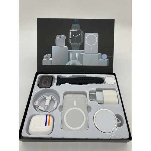 Подарочный набор DT100 Смарт часы 6 в 1 Совместим с iOS и Android Смарт часы 8 Внешний АКБ Адаптер 20W AirPods БЗУ MagSafe Кабель Lightning 365200₽