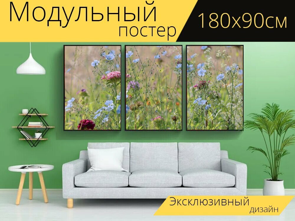 Модульный постер "Цветочный луг, цветок, луговые цветы" 180 x 90 см. для интерьера