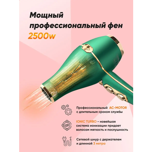 Профессиональный фен для волос Cronier с насадками ионизацией и мощностью 2500Вт Зеленый 310000₽