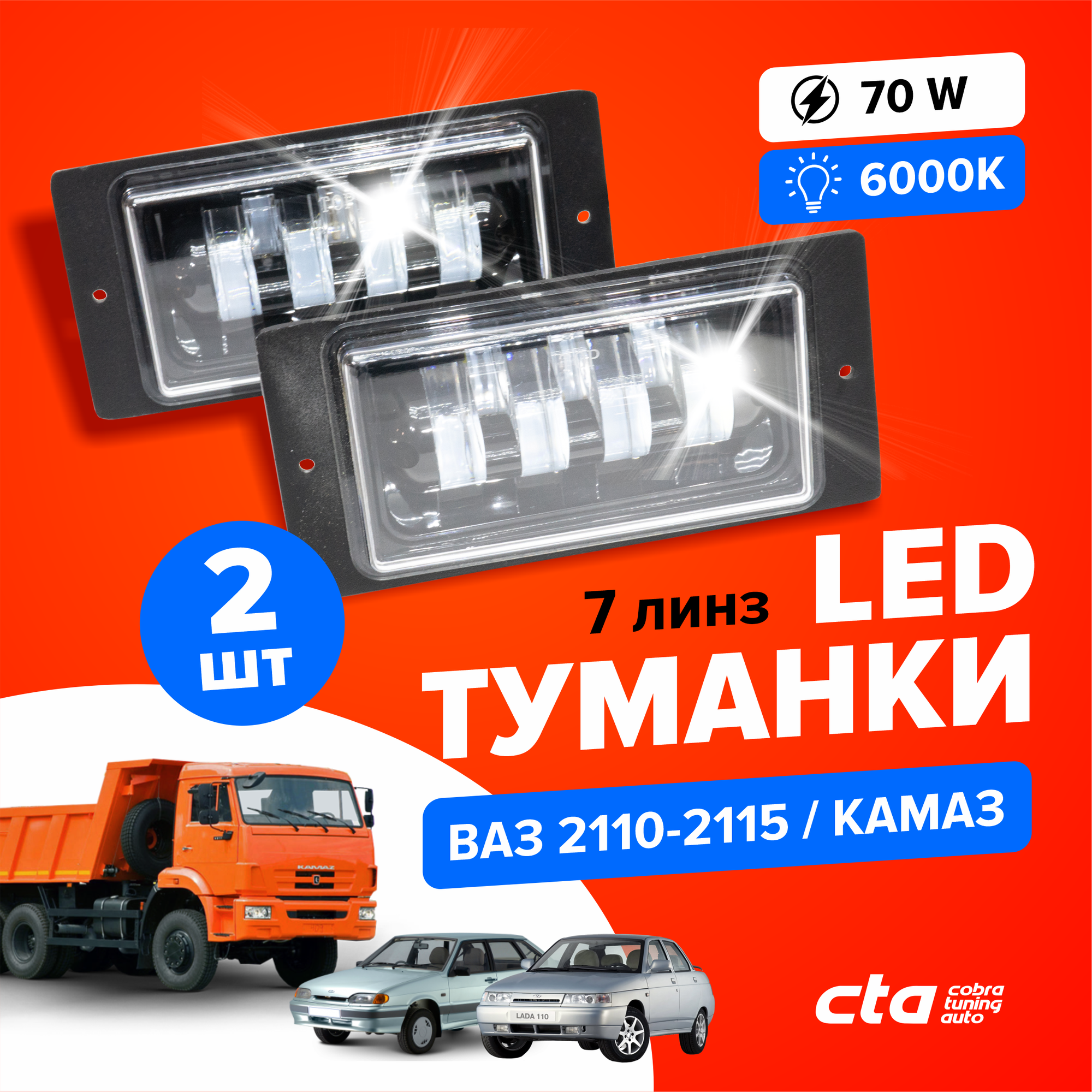 Светодиодные противотуманные LED фары для LADA (ВАЗ) 2110, 2111, 2112, 2113, 2114,2115, Камаз, Шевроле Нива (туманки ПТФ противотуманки ДХО) 40W 2 шт.