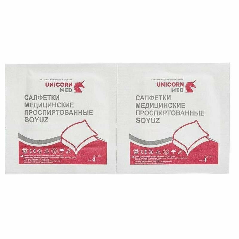 Салфетка для инъекций Unicornmed Soyuz спиртовая 30х65 мм (100 штук в упаковке), 1148900