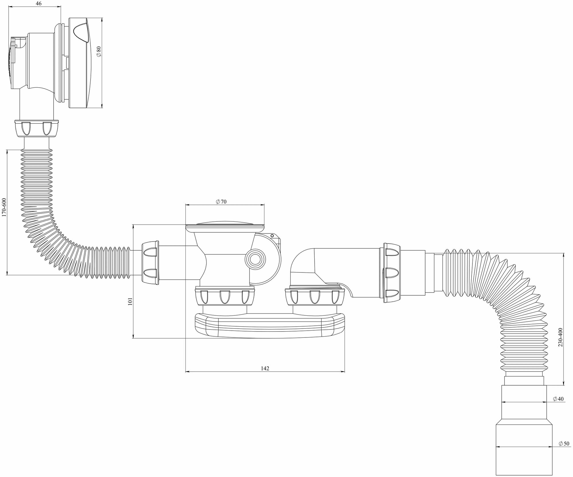 Unicorn, S102 - Сифон для ванны, гофрированный, 40х40/50, полуавтомат - фотография № 11