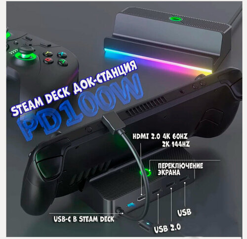 Изображение товара Док-станция RGB 5 в 1 для Steam Deck, Nintendo Switch, Rog Ally, usb 2.0 Подставка и Зарядка для приставки