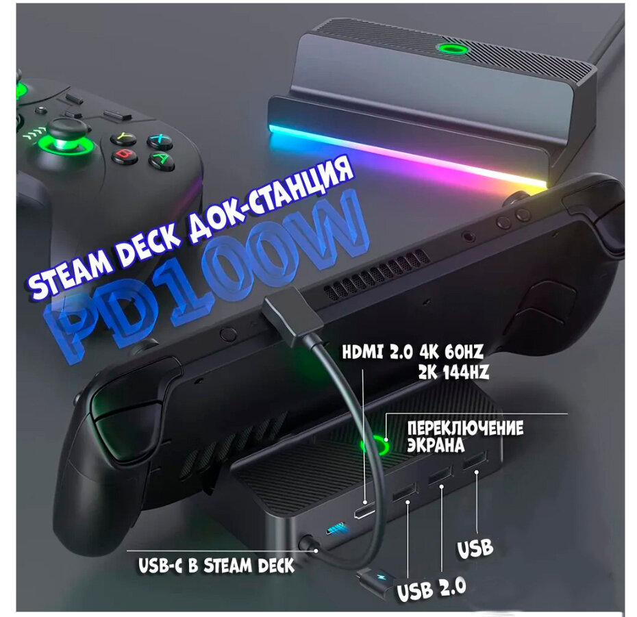 Док-станция RGB 5 в 1 для Steam Deck Nintendo Switch Rog Ally Подставка и Зарядка для приставки