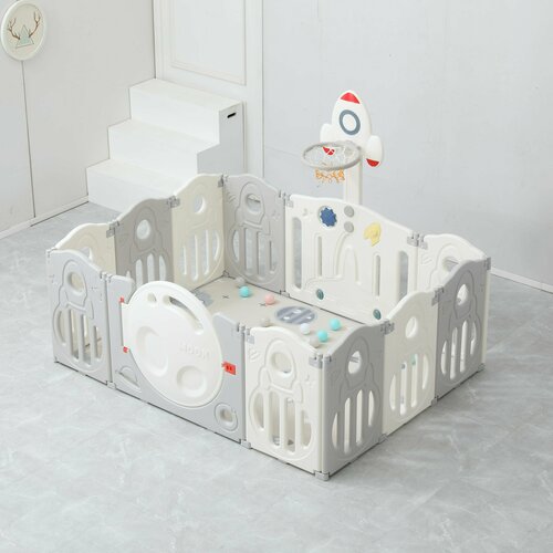 фото Манеж unix kids "supreme space" grey, серый/белый, 160x160 см, с ковриком, горкой и баскетбольным кольцом для дома, улицы unix line