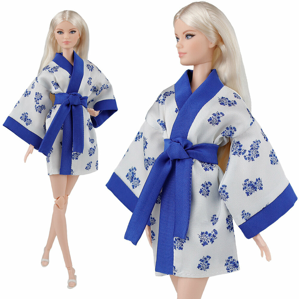 Белый халат-кимоно "Нара" для кукол 29 см. типа барби с цветочным принтом