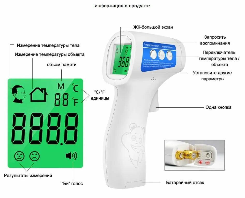 Бесконтактный инфракрасный термометр ручной цифровой термометр для лба zk-yk1028