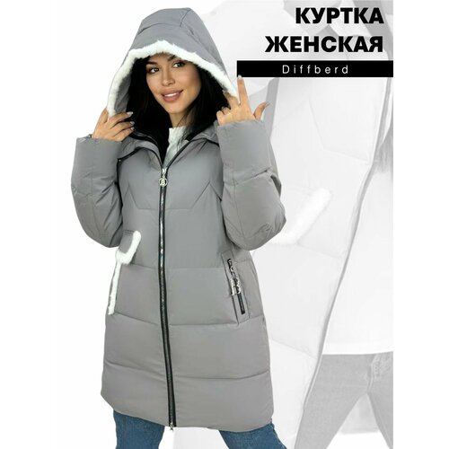 фото  куртка зимняя, средней длины, силуэт прямой, карманы, размер 58, серый diffberd