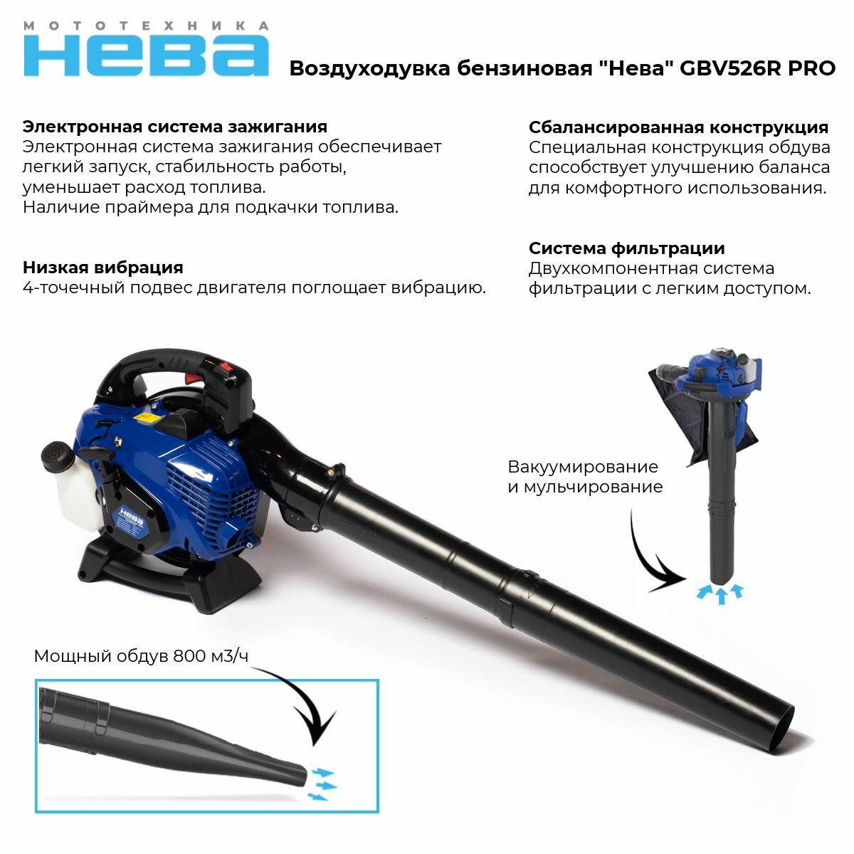 Воздуходувка - пылесос Нева GBV526R PRO (бензиновая)