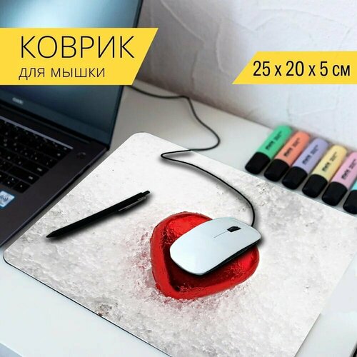 Коврик для мыши с принтом Сердце, снег, красное сердце 25x20см.