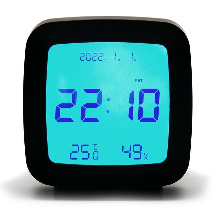 Часы настольные электронные: будильник, термометр, календарь, гигрометр, 7.8х8.3 см, черные 9754995