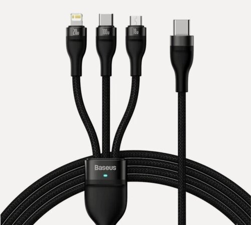 Изображение товара Кабель для быстрой зарядки Baseus One-for-Three, Type-C to microUSB 18W/Lightning 20W/Type-C 100W, 1.5m, Черный