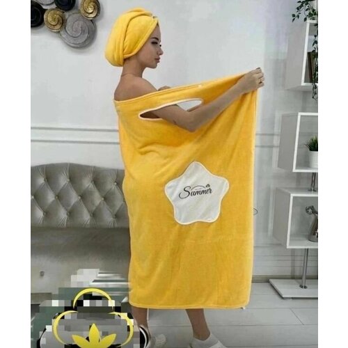 Банный комплект женский Халат-килт и Тюрбан чалма из микрофибры желтый 828₽