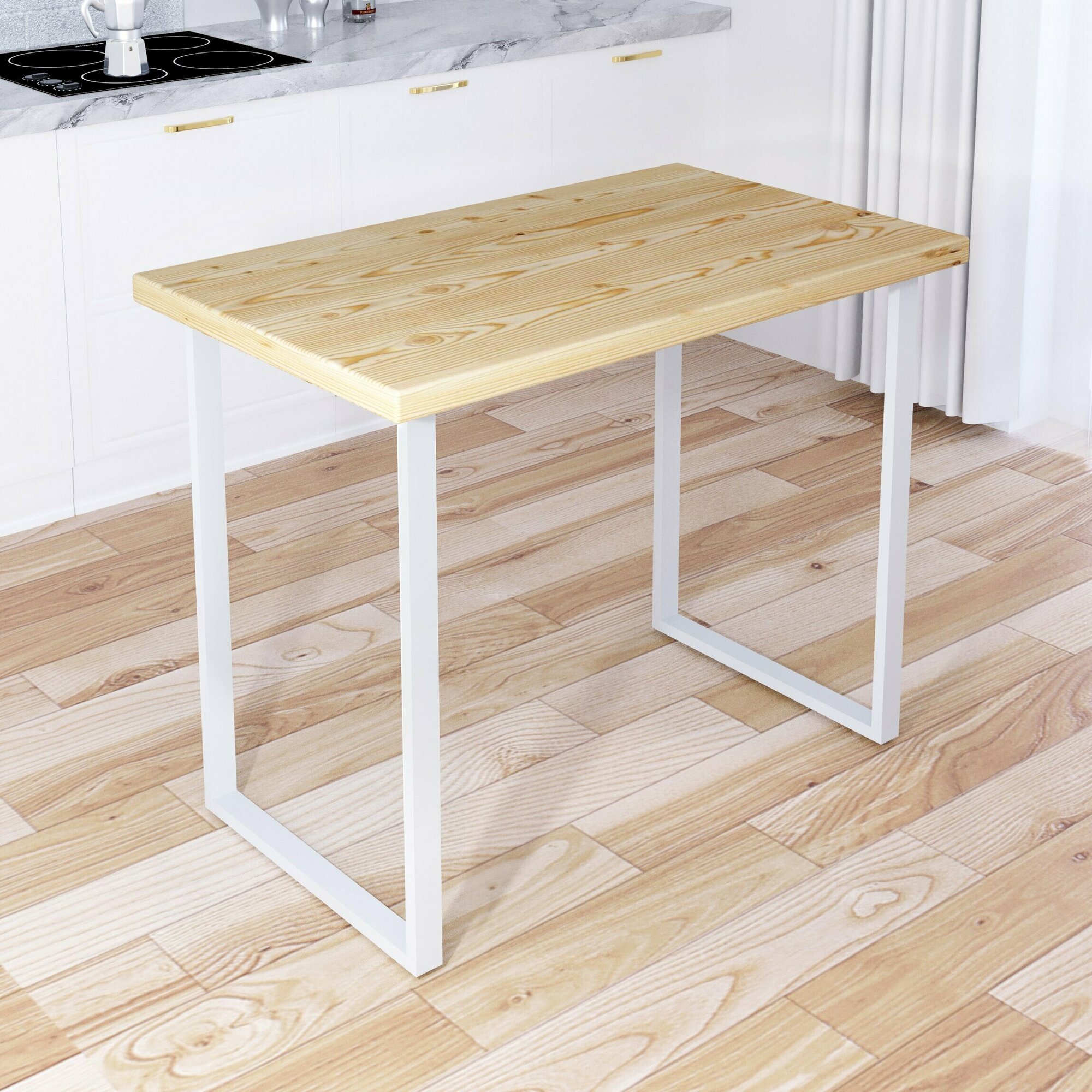 Стол кухонный Loft из массива сосны без шлифовки и покраски, 120х80х75 см, с белыми металлическими ножками