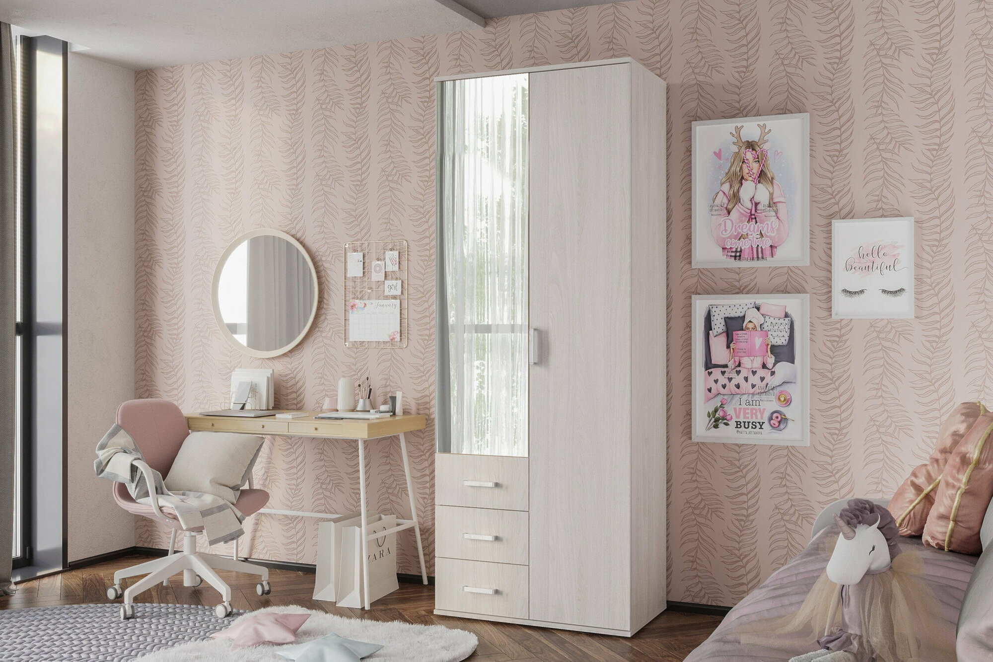 фото Шкаф двухдверный BTS Белла с зеркалом ясень белый 80х47х212 см