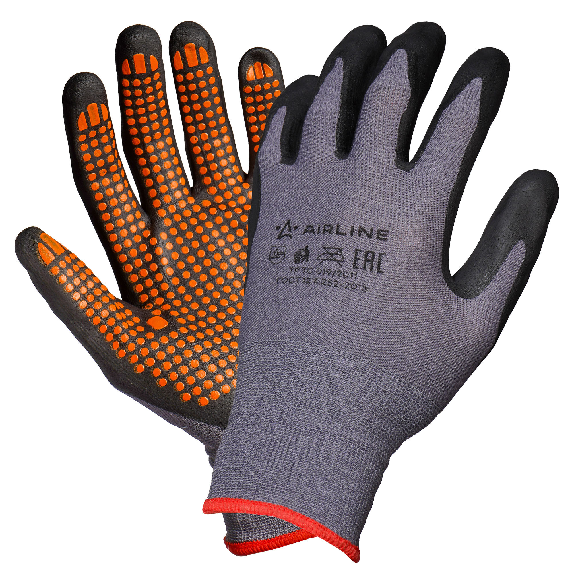 Перчатки нейлоновые с нитриловым покрытием ладони (L) сер./черн./оранж, с подвесом ADWG102 AIRLINE