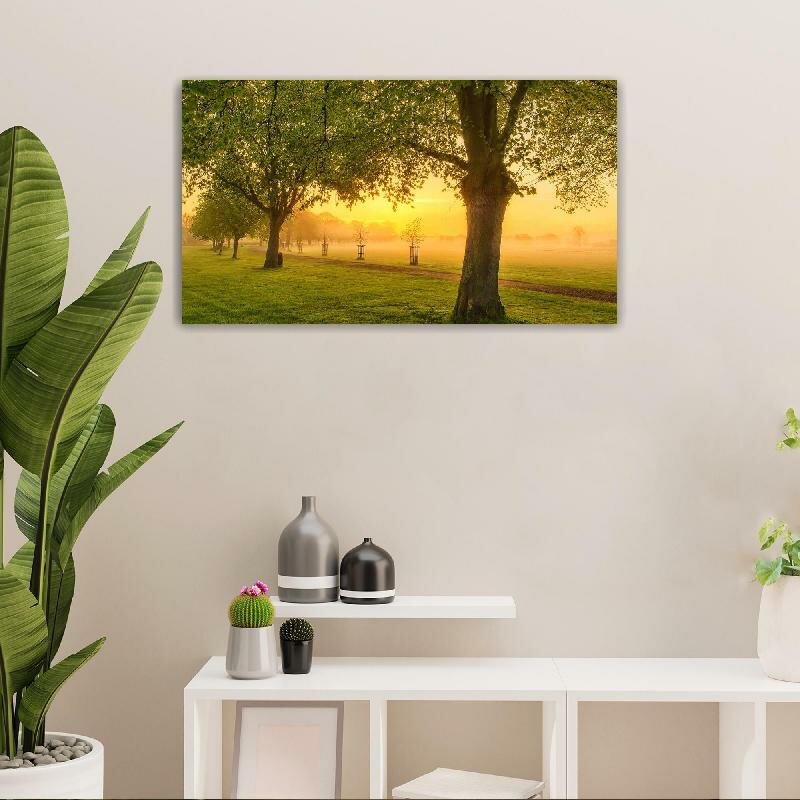 Картина на холсте 60x110 LinxOne "Пейзаж Деревья Закат Поля" интерьерная для дома / на стену / на кухню / с подрамником