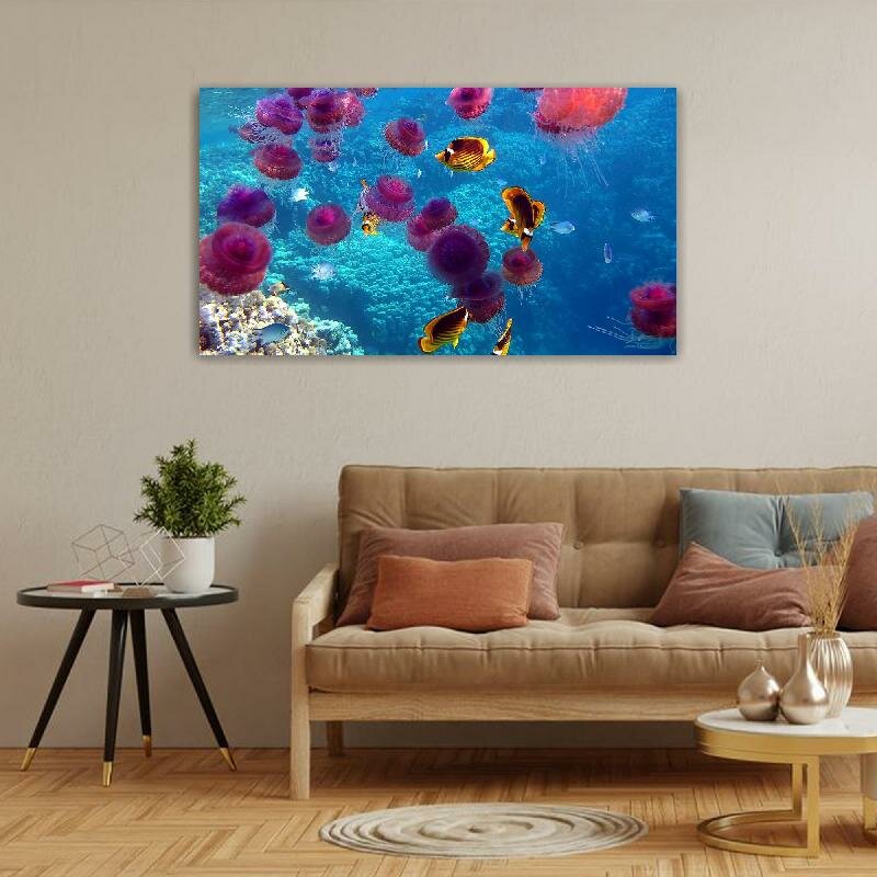 Картина на холсте 60x110 LinxOne "Рыбы подводный мир медузы океан" интерьерная для дома / на стену / на кухню / с подрамником