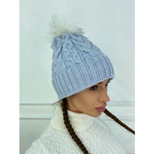 Шапка , размер универсальный, голубой шапка kisu зимняя шерсть с помпоном вязаная размер 56 серый