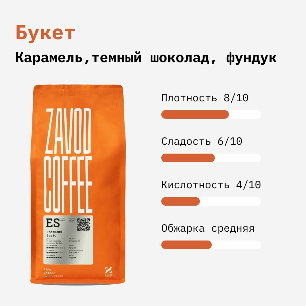 Кофе Бразилия Basic от ZAVOD COFFEE, 100% арабика, 1 кг, в зернах — фото 1