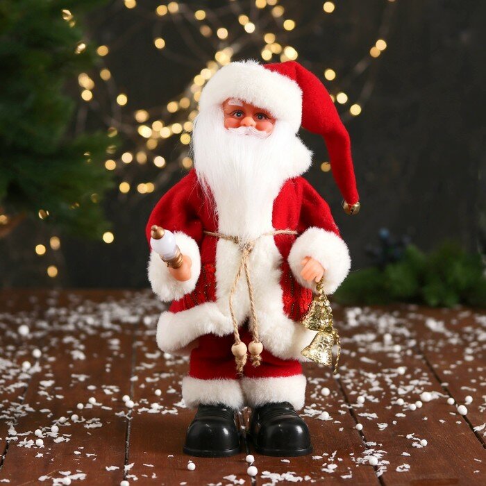 Декоративная кукла Зимнее волшебство "Дед Мороз", с колокольчиками, с фонариком на посохе, 30 см, двигается, красно-белый
