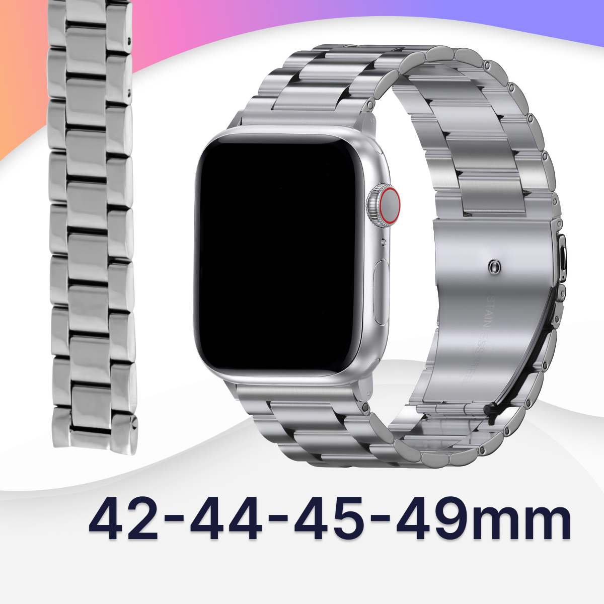 Блочный ремешок для Apple Watch 42-44-45-49 mm, Series 1-9, SE, Ultra / Сменный металлический браслет для часов Эпл Вотч 42-49 мм / Серебро