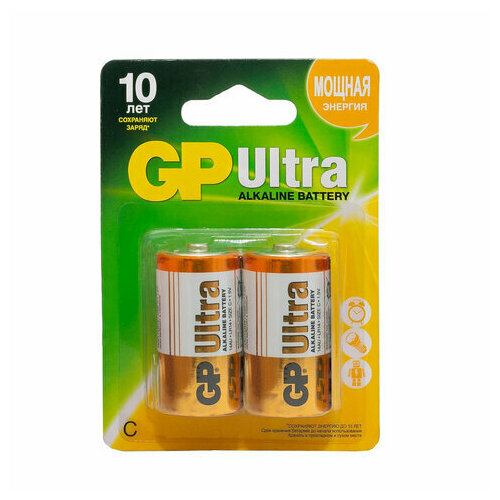 Батарейки GP Ultra, С (LR14, 14 А), алкалиновые, комплект 2 шт, блистер, 14AU-2CR2