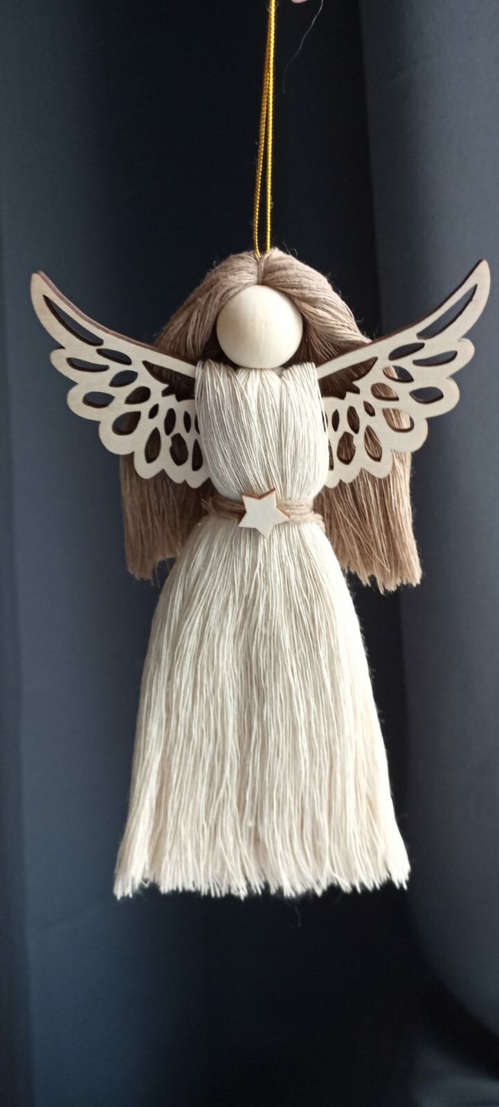 Праздничный Ангел в стиле бохо, легна, 15х10 см, бежевый, золотистый, коричневый, 1 штука