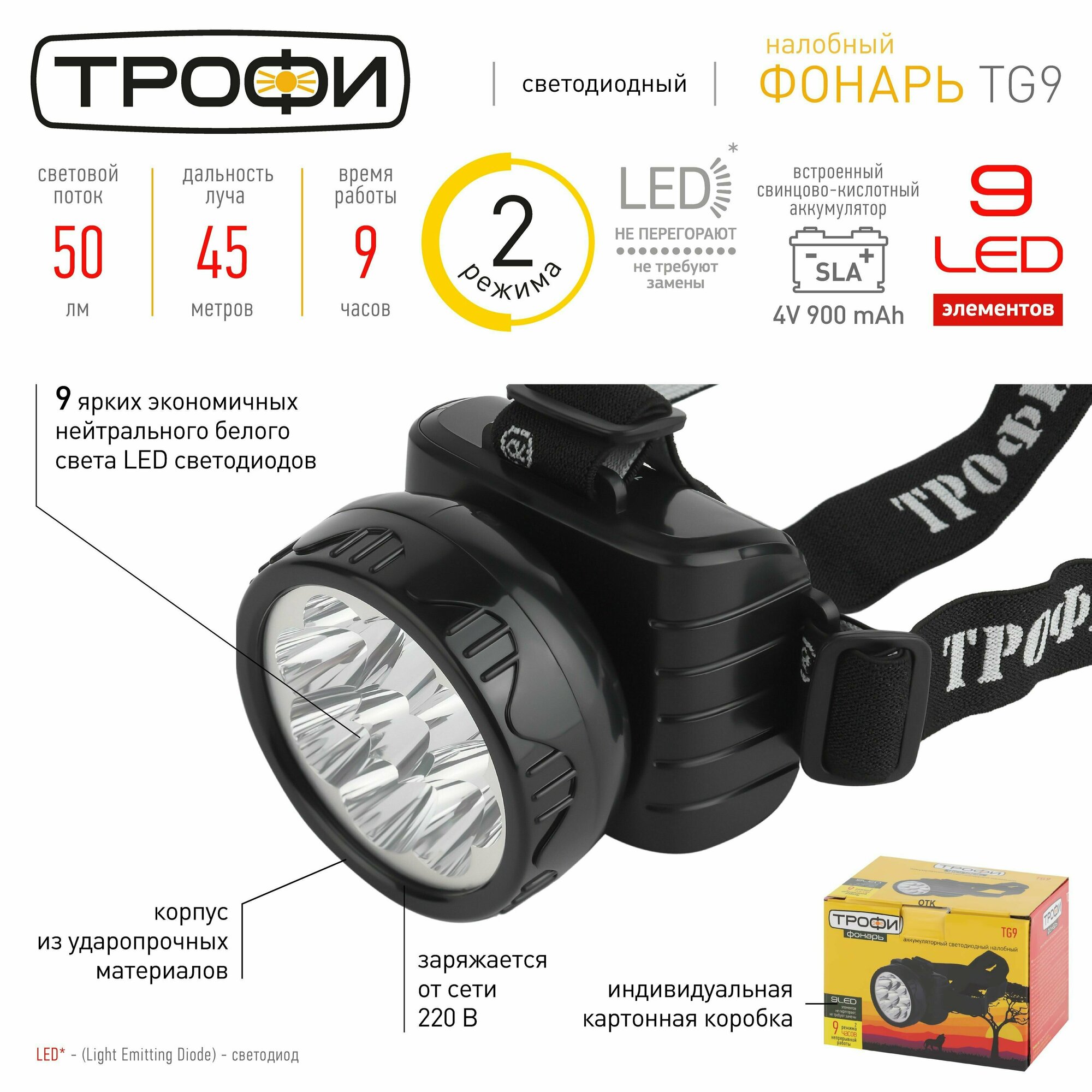 Фонарь налобный трофи TG9 (светодиодный) 9 LED