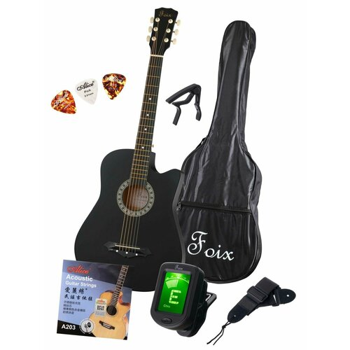 FFG-2038CAP-BK-MAT Акустическая гитара+Аксессуары, черная матовая, Foix гитара акустическая foix ffg 3039 bk с вырезом черная