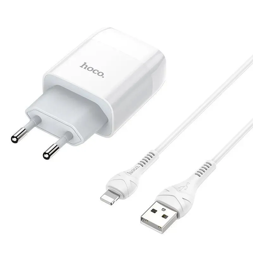 СЗУ HOCO C72A Glorious 1xUSB, 2.1А USB кабель Lightning 8-pin, 1м (белый) сзу hoco c72a glorious 1xusb 2 1а usb кабель type c 1м белый
