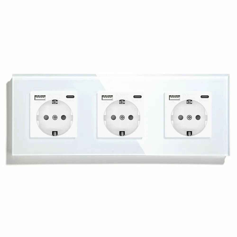 Розетка электрическая 3 поста, с Usb/Type-C АC, рамка 228х86мм стекло, цвет белый