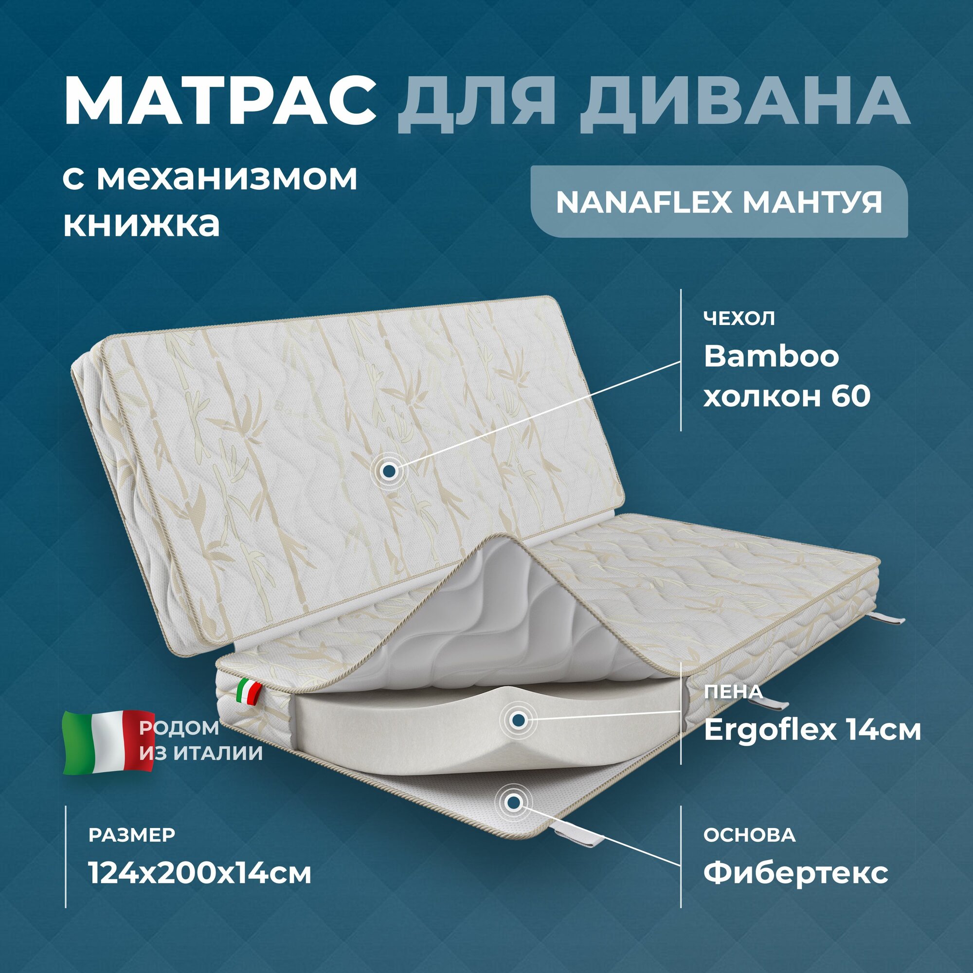 Матрас для дивана книжка 62х200х14, 62х200х14 см.(124х200х14), анатомический Нанафлекс Мантуя, беспружинный