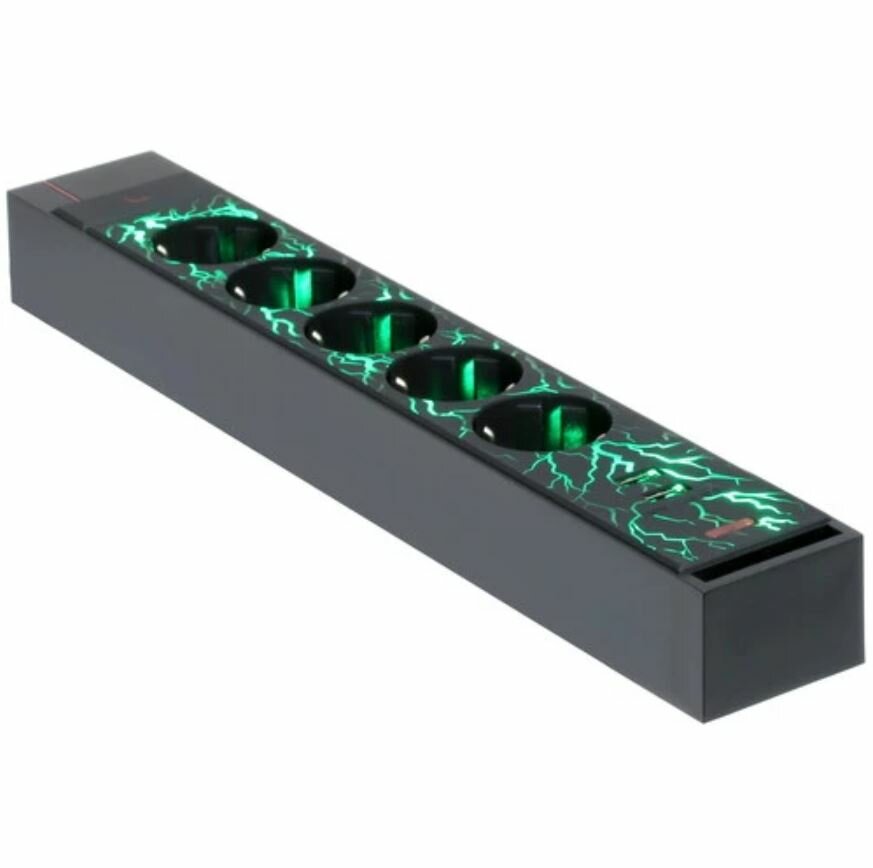 Сетевой фильтр DEXP Gaming G100 черный, розетки - 5, USB - 2 шт, 16 А, 3680 Вт, кабель - 3 м