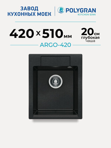 Изображение товара Мойка для кухни каменная POLYGRAN ARGO-420 Черная, Врезная, Квадратная (Космос)
