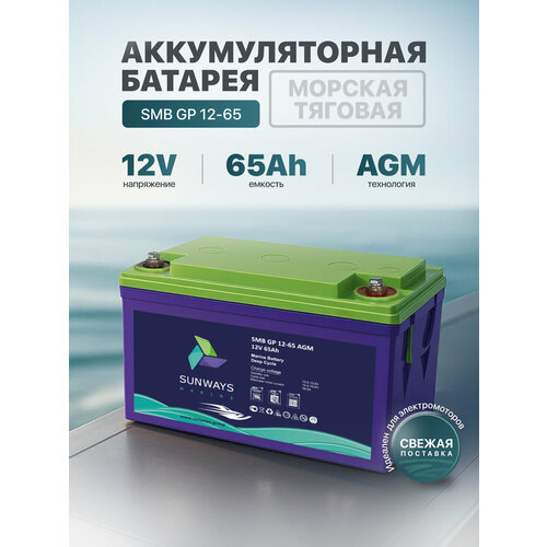 Тяговый аккумулятор Sunways Marine SMB GP 12В 65Ач AGM аккумулятор для лодки, мотора, 1 шт.