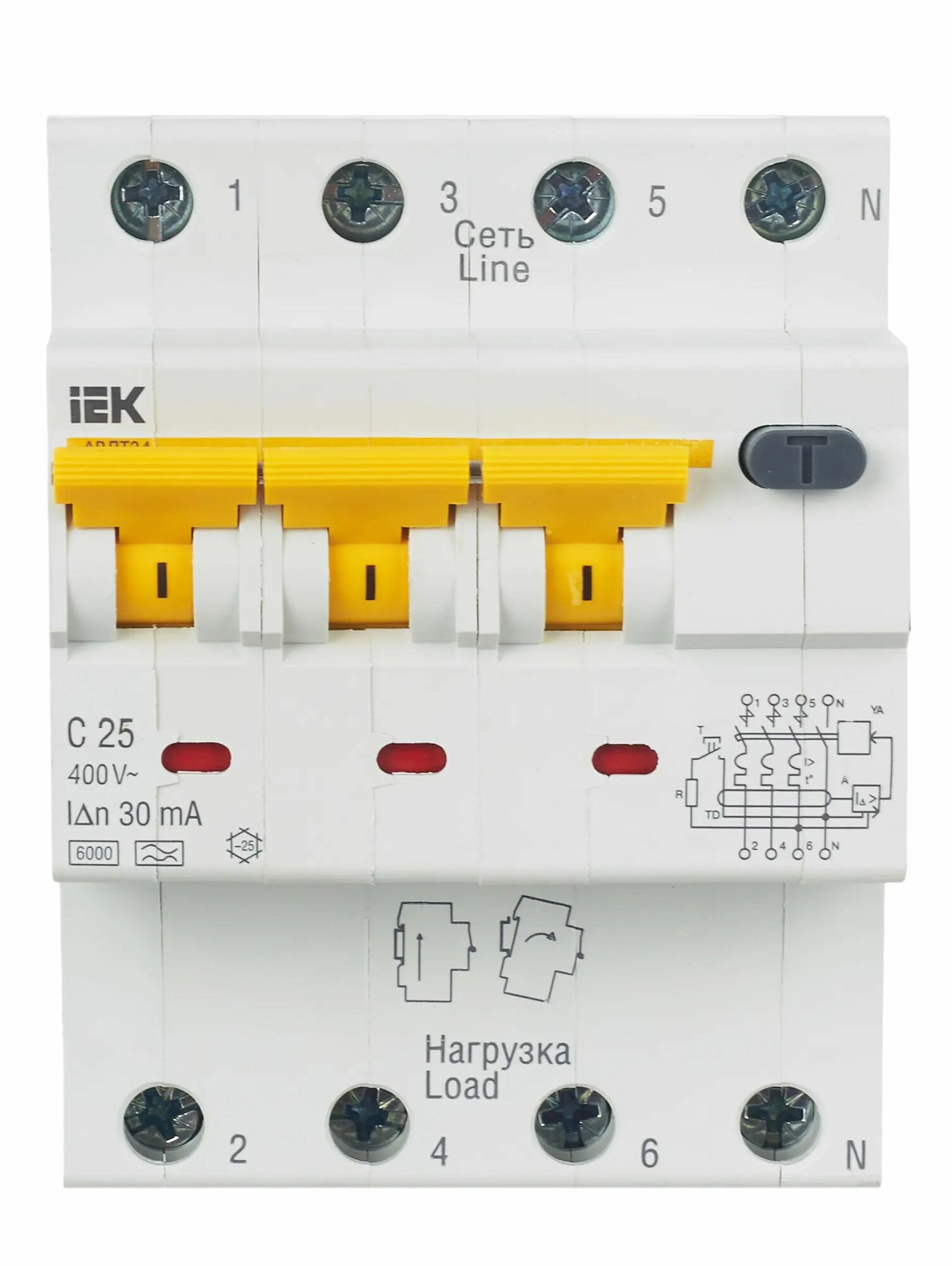 Дифференциальный автомат IEK АВДТ 34 4П 30 мА C 6 кА A электромеханический 25 А