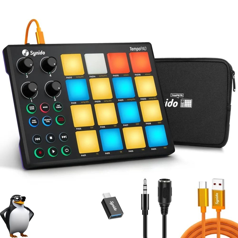 MIDI-контроллер Synido TempoPAD P16, 16 пэдов, 4 ручки, 6 кнопок, USB-C, чёрный матовый