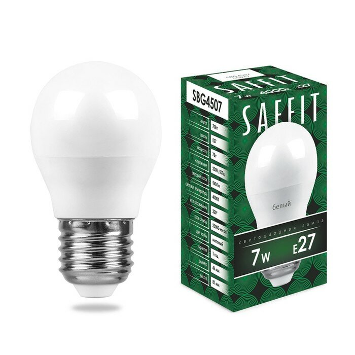 SAFFIT Лампа светодиодная SAFFIT SBG4507, G45, E27, 7 Вт, 230 В, 4000 К, 560 Лм, 220°, 81 х 45 мм