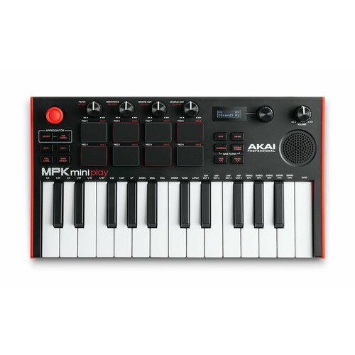 MIDI-клавиатура AKAI PRO MPK MINI PLAY MK3, дополнена 10 ударными и 128 инструментальными звуками, имеет 25 чувствительных клавиш и арпеджиатор