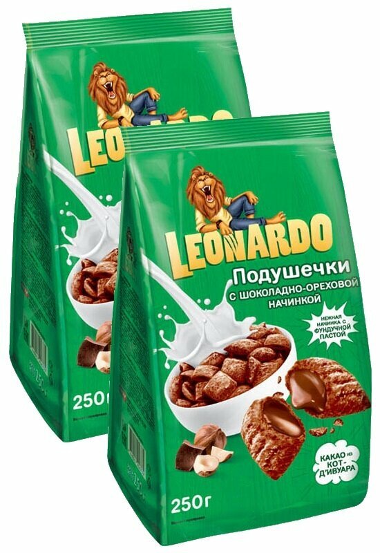 Завтрак готовый Leonardo подушечки с шоколадно - ореховой начинкой КДВ 2 пачки по 250 г