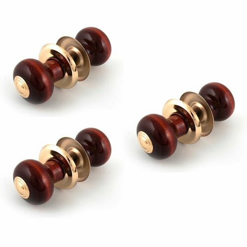 Ручка-кнопка дверная, дерево, 1Бт2-1 темная, золотая планка, золотая накладка, матовый лак (3 штуки)