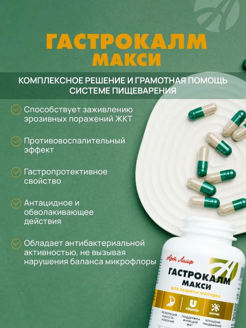 Бад Для Пищеварения БАД Арт Лайф Гастрокалм Макси, 90 капсул( масса 600 мг). Способствует заживлению язвенных и эрозивных поражений слизистой желудка и двенадцатиперстной кишки