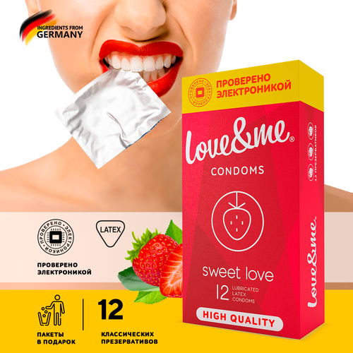Презервативы со вкусами Клубника тонкие латексные LOVE&ME Sweet Love Сладкая любовь контрацептивы с гелем смазкой для секса 12 штук