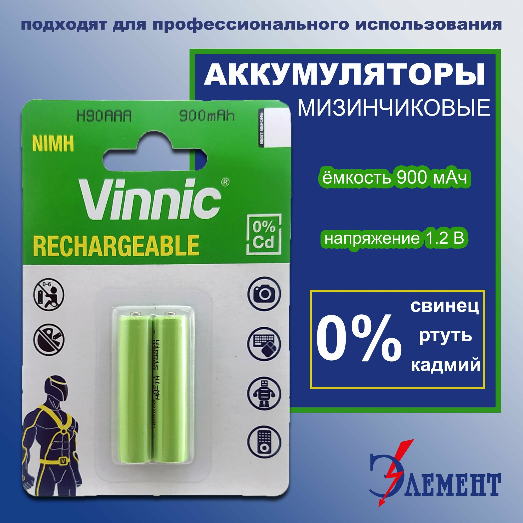 Аккумулятор (2шт) VINNIC R03 (AAA) Ni-MH 900mAh (H90AAA-C2)(1*2шт)