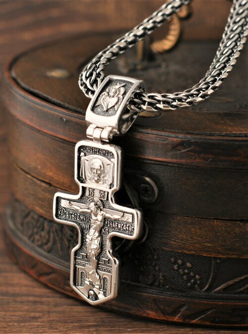 Крестик Серебряный православный крест «Распятие Христово, Серафим Саровский» , серебро, 925 проба, чернение, размер 8 см.