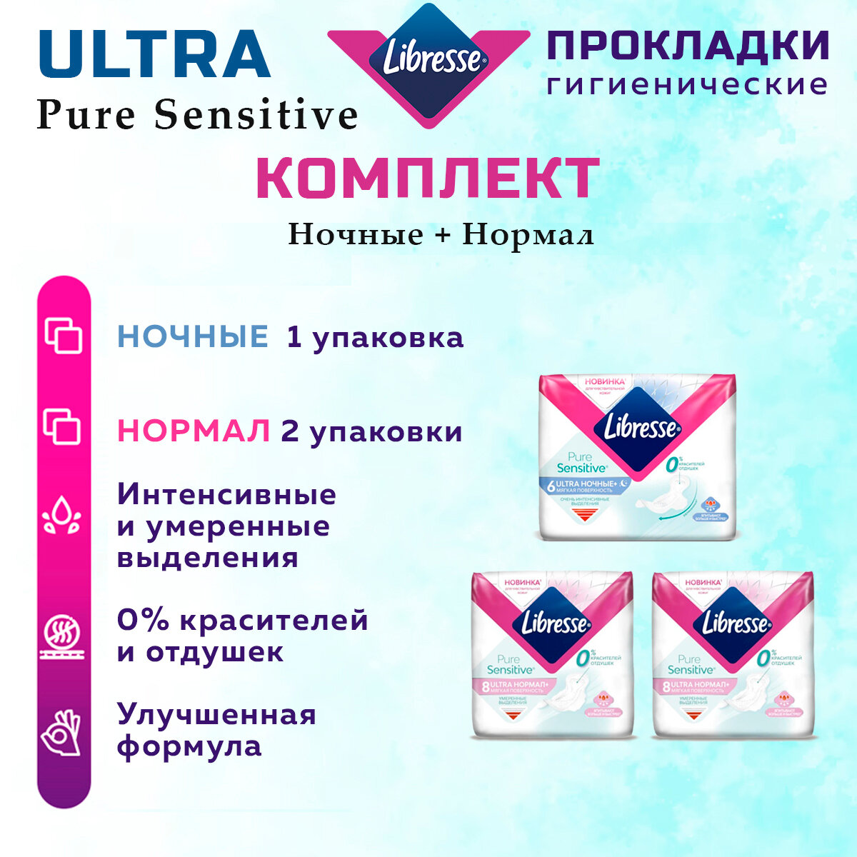 Прокладки женские LIBRESSE Ultra Pure Sensitive набор ночные 6 шт х 1 уп, нормал 8 шт х 2 уп